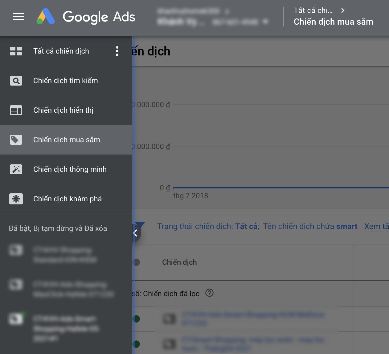 Vào Google Ads chọn “Chiến dịch Mua sắm”